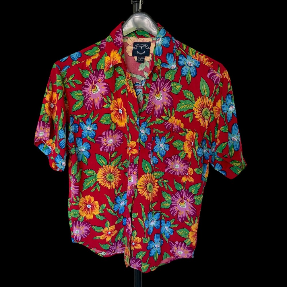 80's Solutions Original Red Floral Rayon Hawaiian Shirt Short Sleeve Small